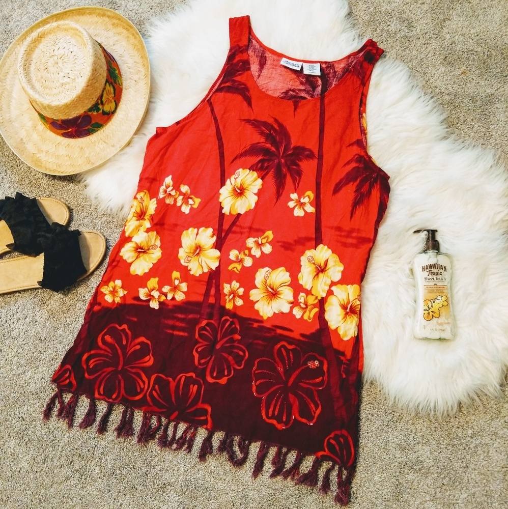 Vintage | red aloha palm tree print tassel dress